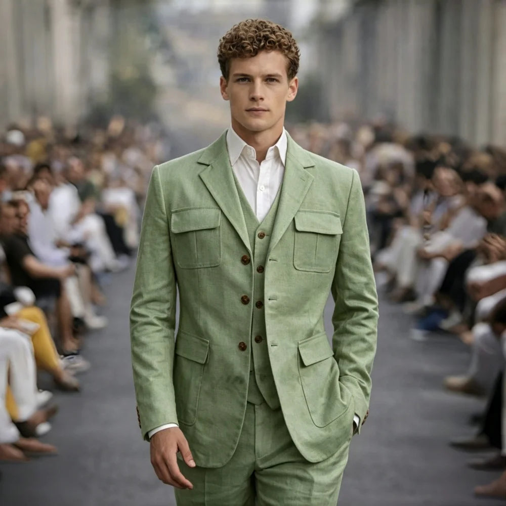 Linen Summer Three Pieces Safari Suit Separates Blazer with Vest Pants for Men Wedding Groom Tuxedo Terno Masculino Men Suit Set