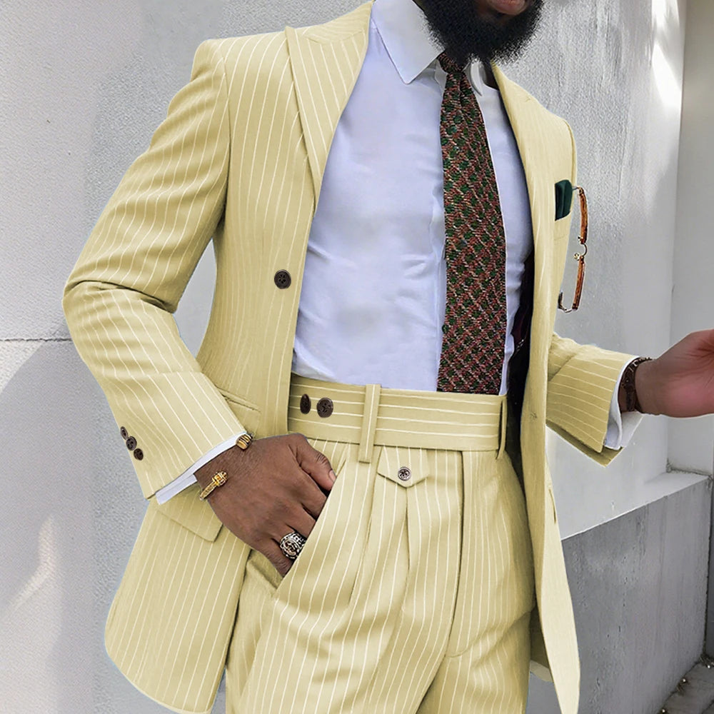 Brown Stripe Men Suits 2 Piece Chic Double Breasted Business Casual Outfits Fashion Peak Lapel Wedding Tuxedo (Jacket+Pants)