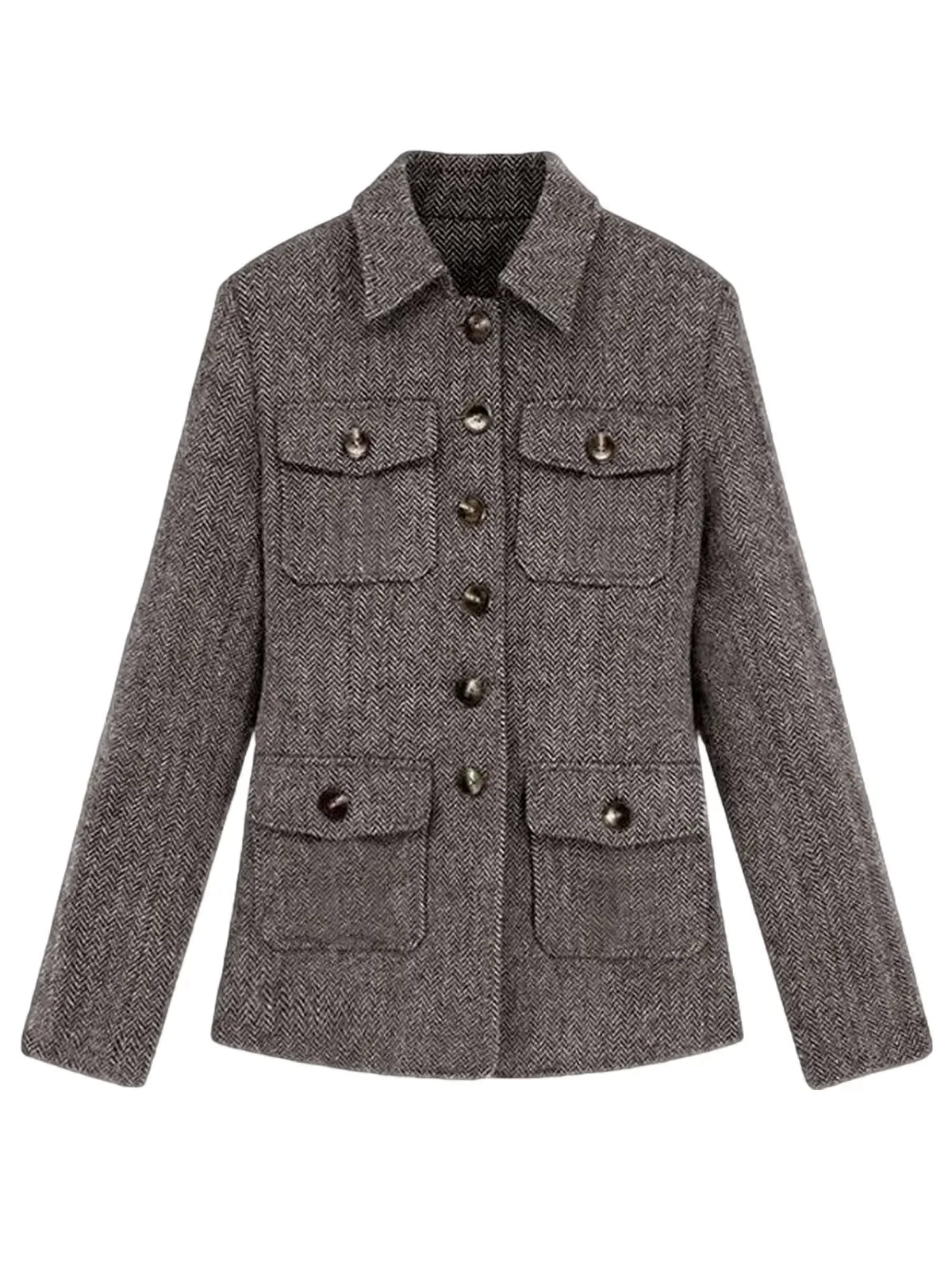 Men's Herringbone Wool Blend Blazer Jacket Notch Collar Utility Multi-Pocket Casual Overcoat For Spring Autumn