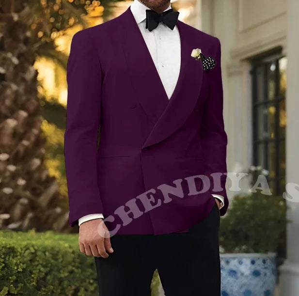 Double Breasted Men Suits Wedding Suit Groom Elegant Shawl Lapel 2 piece Slim Fit Man Set Jacket With Black Pants Formal Blazer