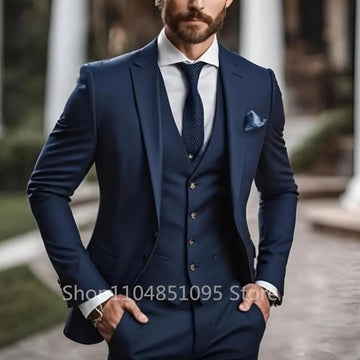 Men's Suits Elegant Peak Lapel Jacket Groom Tuxedo 3 Pieces Blazer Vest and Pants Set Formal Men's Suit for Business Prom