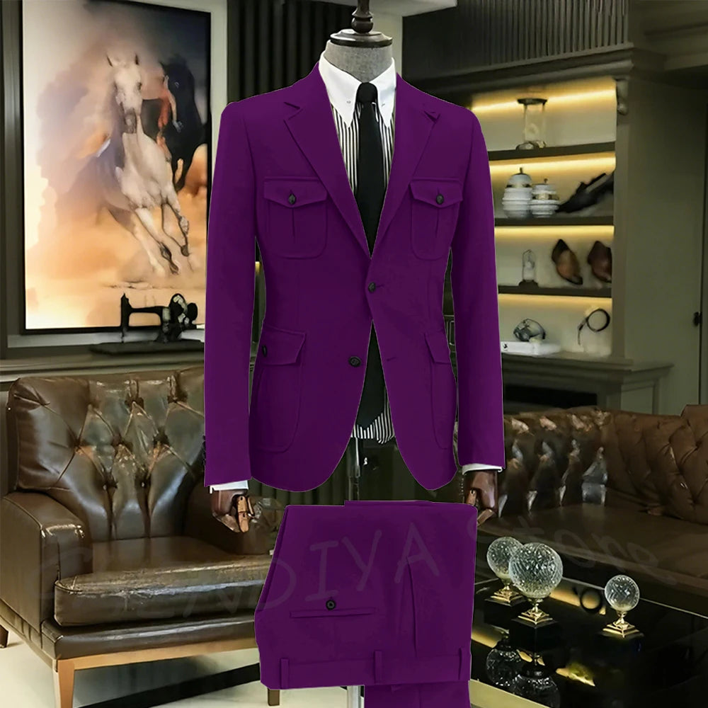 Customized Men Suits Solid Color Four Pockets Notch Lapel Outfits Formal Party Prom Daily Male Sets Two Piece(Blazer+Pants)