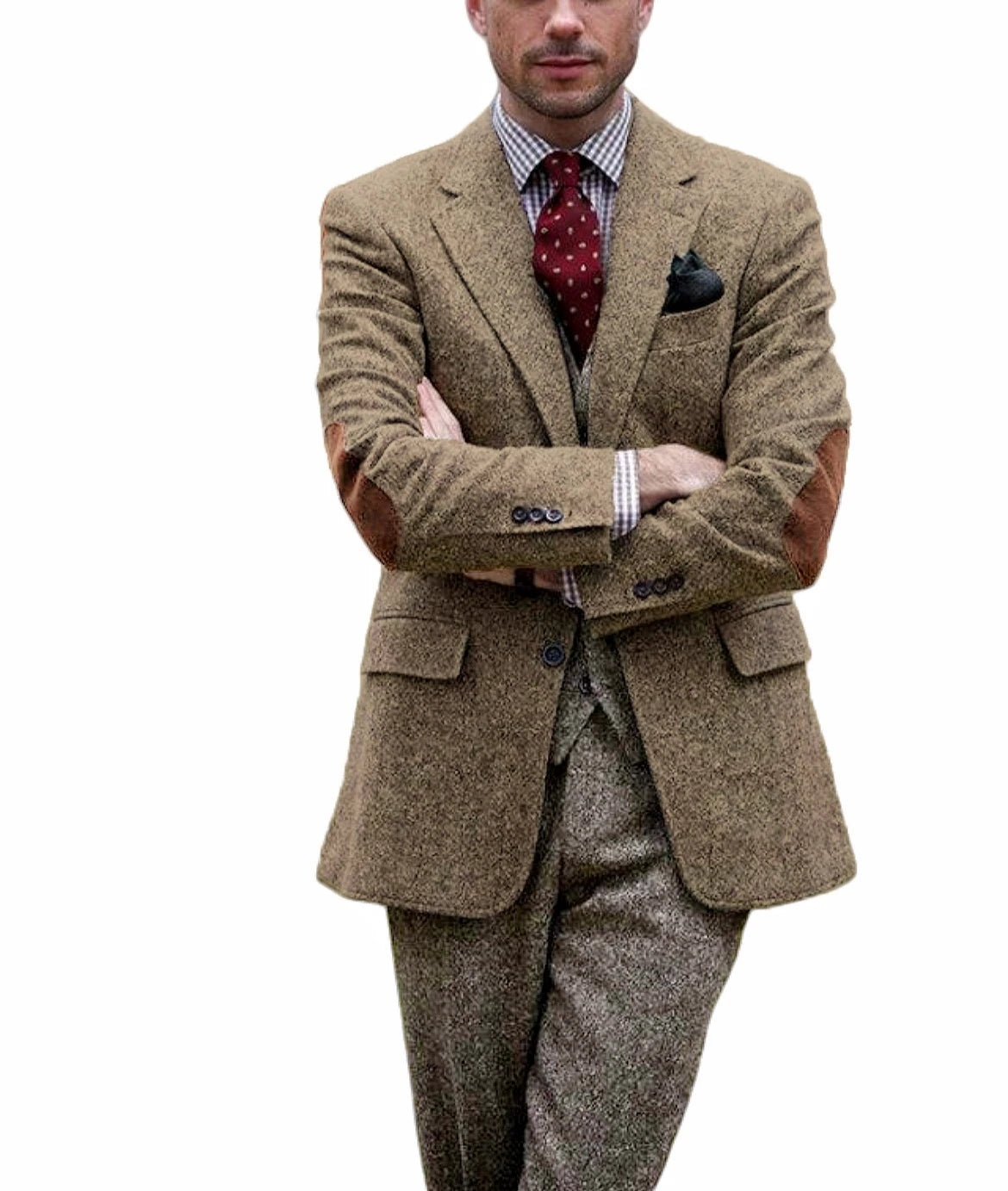 Men's Tweed Blazer Notched Lapel Wool Blend With Elbow Patches Casual Suit Jacket For Business Wedding Daily Wear Party
