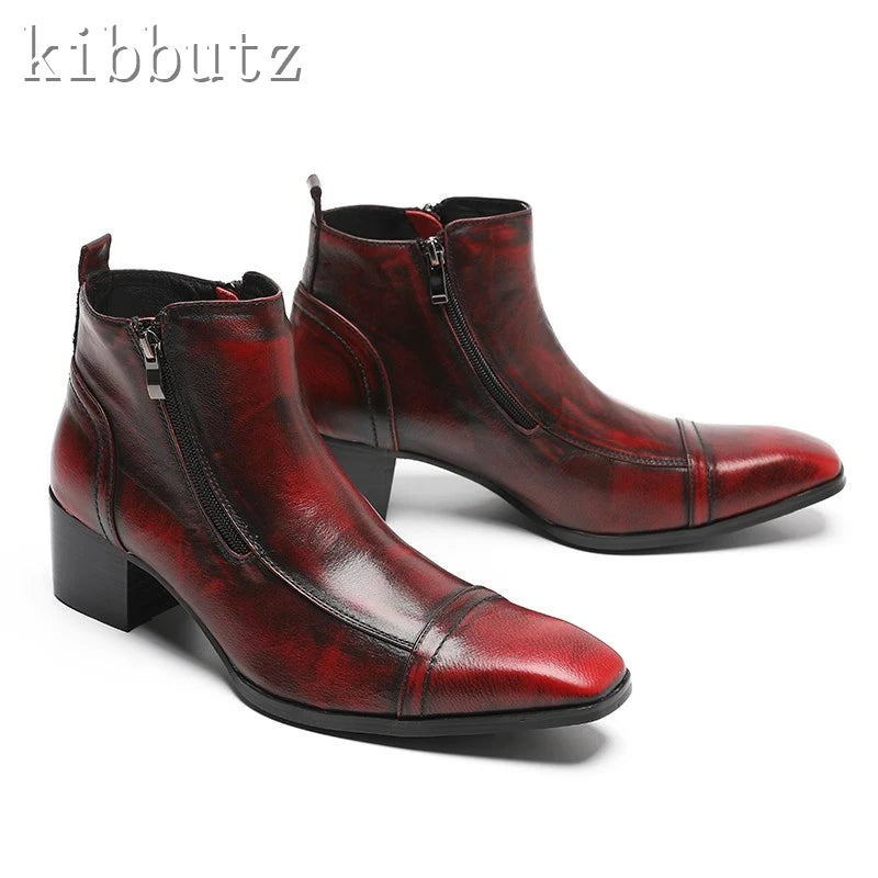 New Square Toe Wine Red Black Men's Boots British Style Genuine Leather High Heels Shoes Male Party Wedding Dress Boots