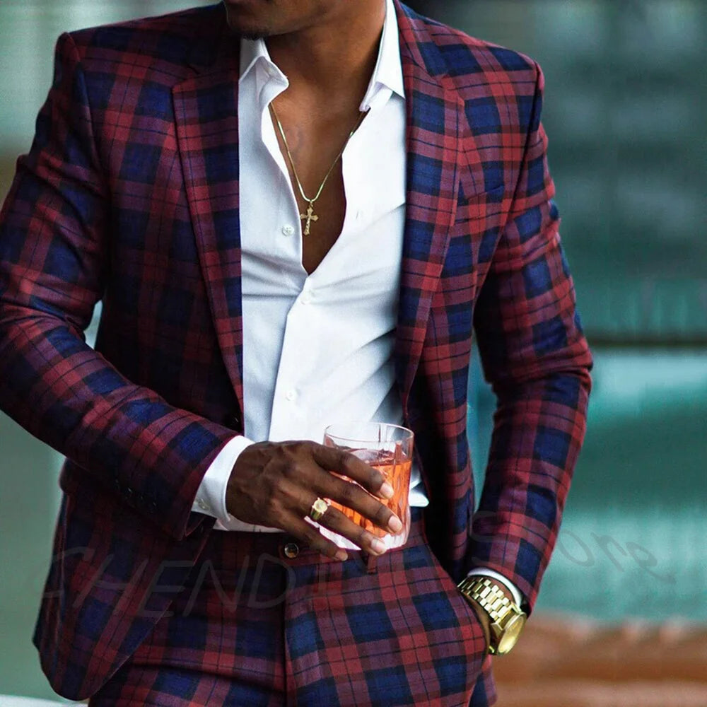 Customized Plaid Men Suits High Quality Nocth Lapel Single Breasted Jacket Pants Wedding Boyfriend Suit Club Prom Fashion Set