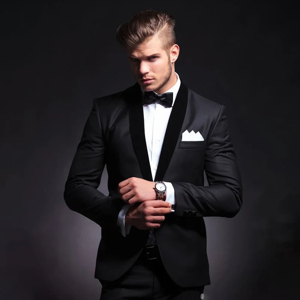 Classic Black Men Suits 2 Piece Elegant Shawl Lapel Single Button Blazer Set Wedding Groom Tuxedo Prom Party Male Suit Slim 2024