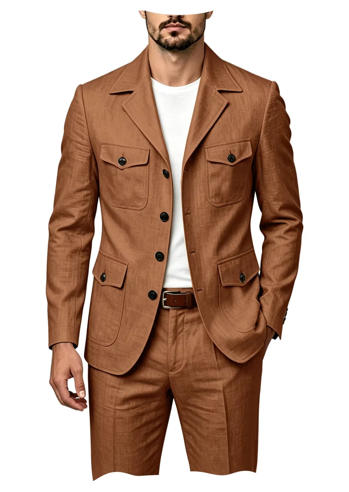 Men's Grey Linen Blend Suit 2 Piece Multi Pocket Peak Lapel Blazer pants Set Lightweight formal Suit for Summer Business Casual