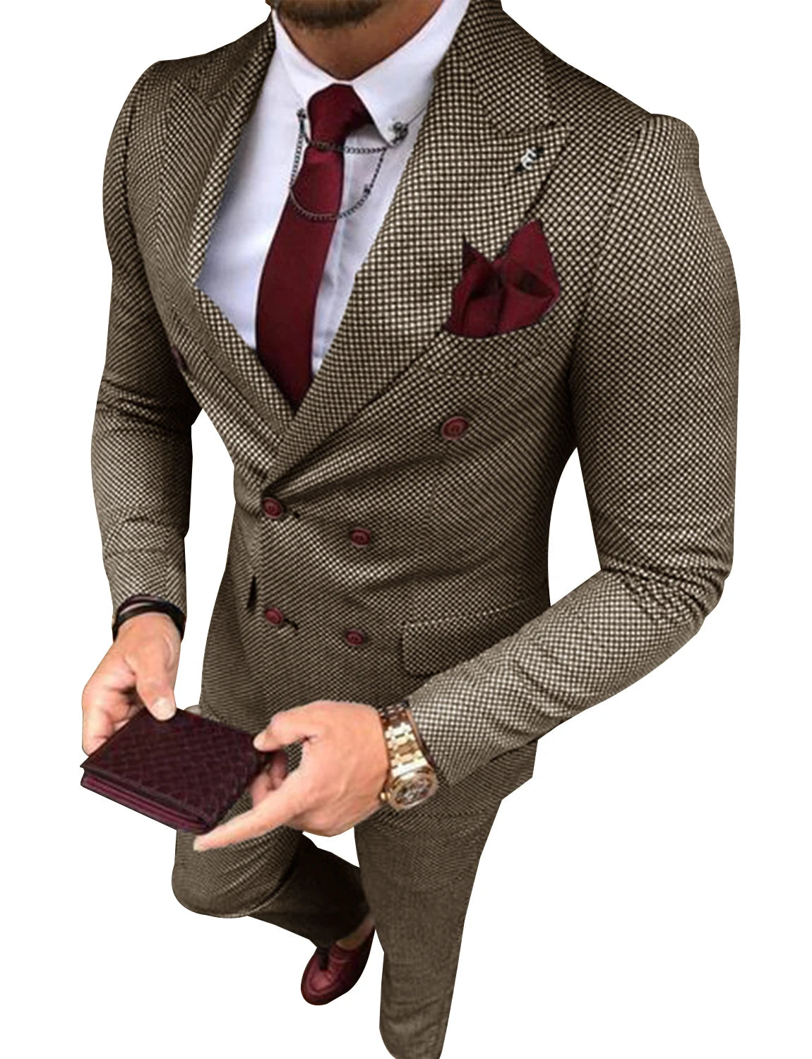 Men's Tweed Suit Plaid Double Breasted Jacket and Pants  Groom Business Tuxedos men suits wedding prom suits