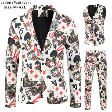 Boutique-Anzug 3-teiliger Mode-Casual Poker-Druck (Anzug+Weste+Hose) Soziales Bankett Hip-Hop-Sänger Tuxedos Herrenanzug 2023 Neu