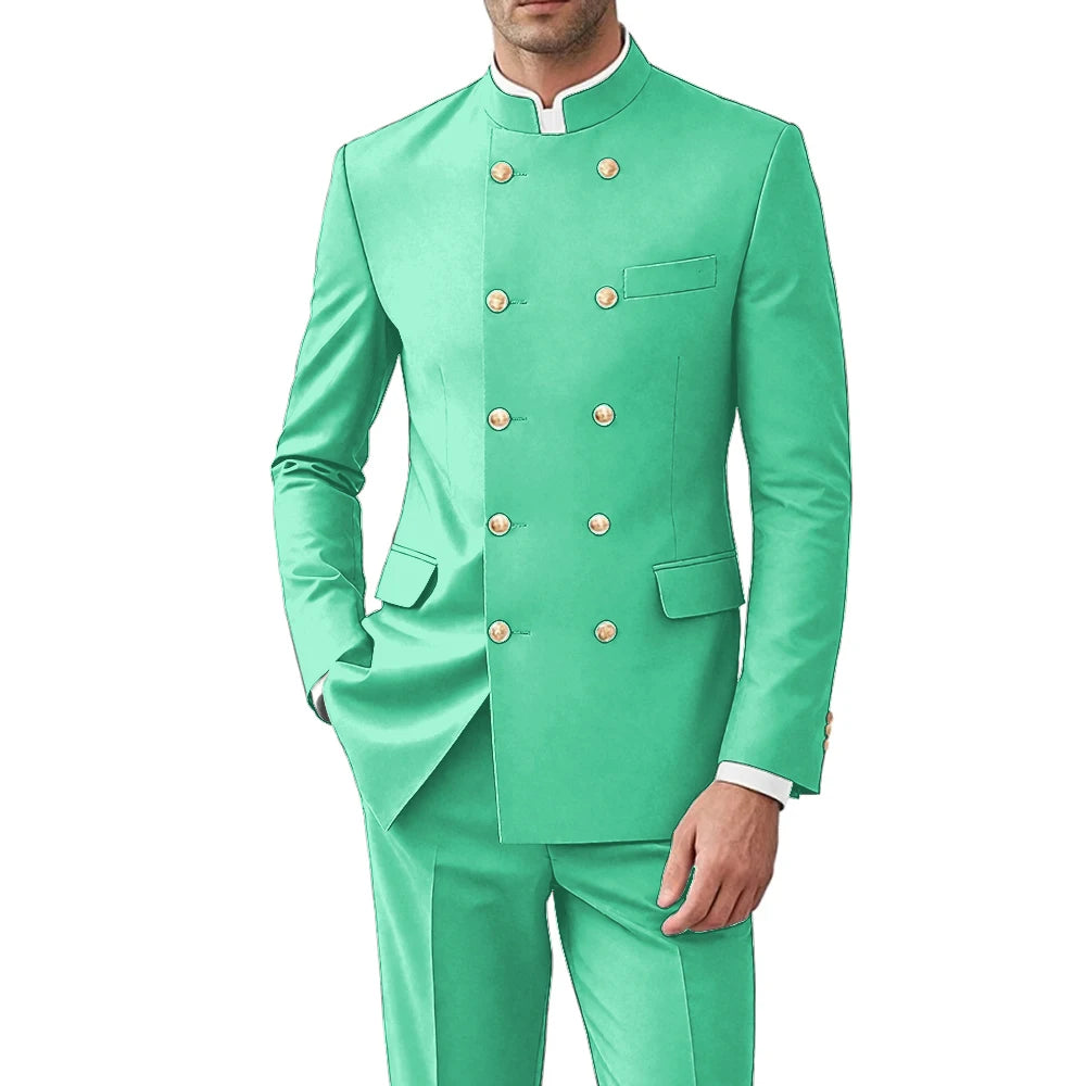 Solid Color Men Suits Formal 2 Pieces Double Breasted Stand Collar Balzer Pants Formal Party Business Wedding Set Customized