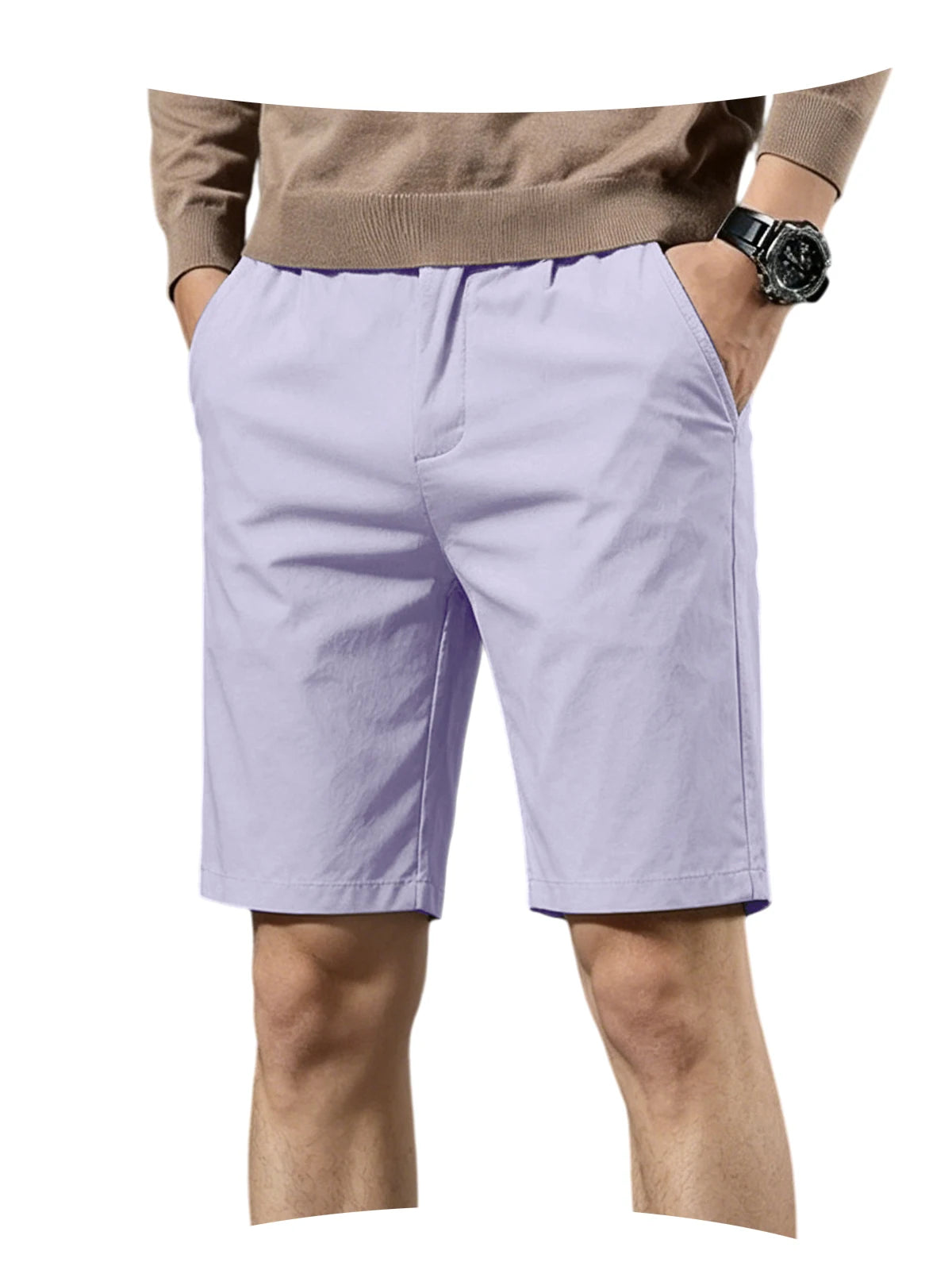 Men Cotton Solid Knee Length Bermuda Shorts Straight Chino Shorts Front Back Pockets Breathable Summer Beach Daily Casual Shorts