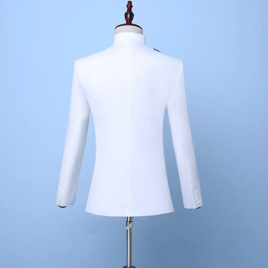 Calças de blazer branco definido para homens chineses túnicos bordados de lantejoulas 2 peças trajes de vestido de festa no casamento de festas de casamento slim fit smokings masculino