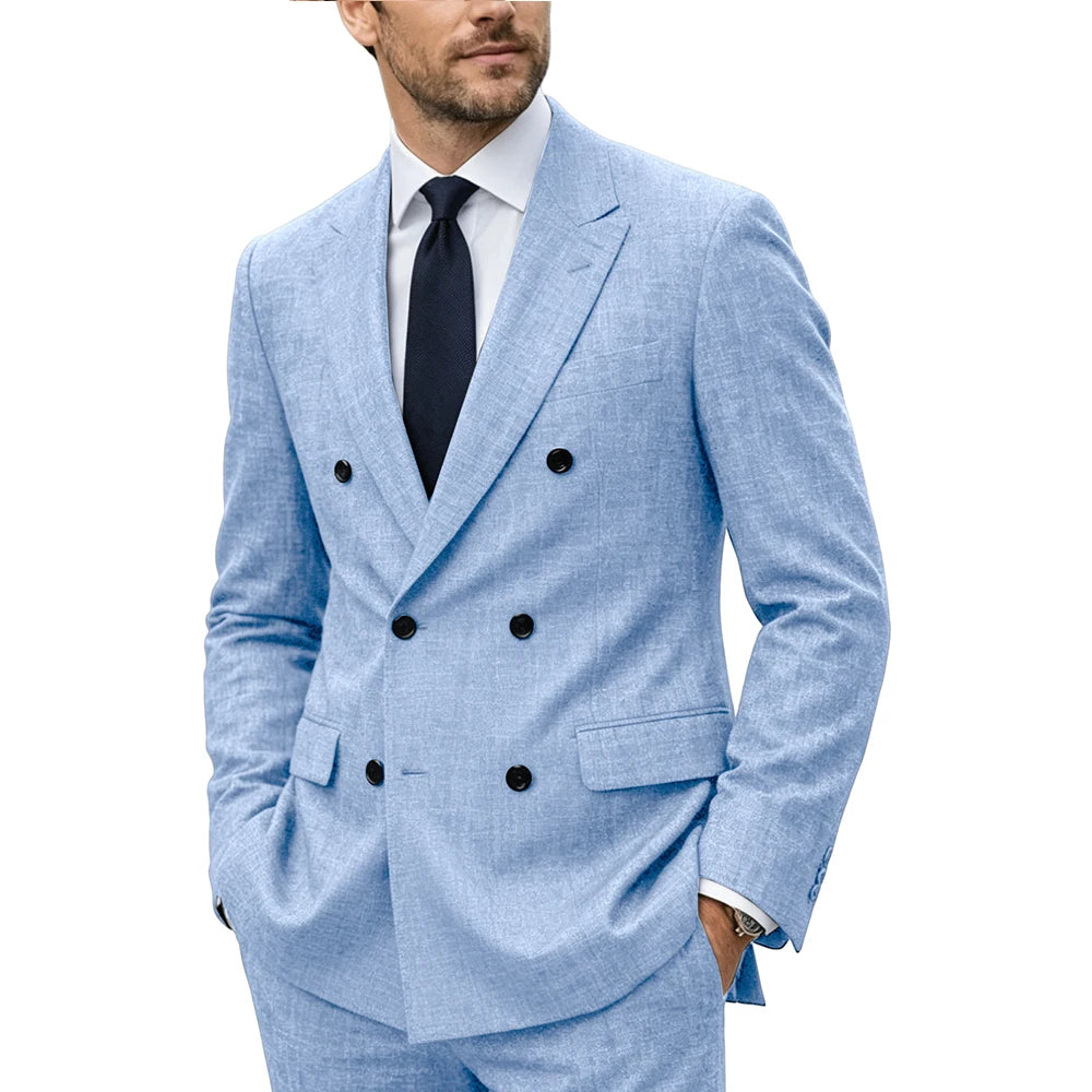 Men's Linen Suit Set  Double Breasted Slim Fit Peak Lapel Formal Blazer Pants Breathable Business Wedding Groom Tuxedo