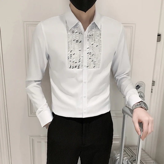 2022 nova camisa de design homem branco preto manga longa smoking shirts lantejas dianteiras vestido de festas de casamento de roupas magras