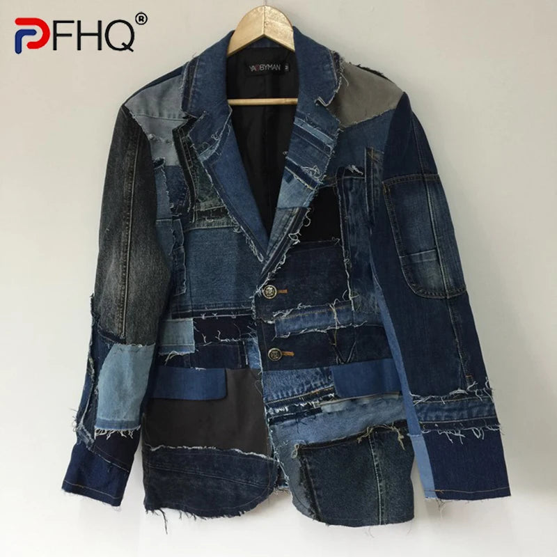 PFHQ Autumn Men's Splicing Deconstructed Heavy Industry Suit Denim Jackets Tide Streetwear Motorcycle Creativity Coat 21Z1428