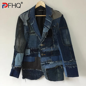 PFHQ Autumn Men's Splicing Deconstructed Heavy Industry Suit Denim Jackets Tide Streetwear Motorcycle Creativity Coat 21Z1428