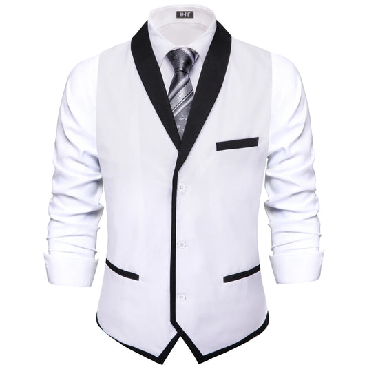 Hi-Tie Jacquard White Black Shawl Collar Suit Vest Slim Fit Waistcoat for Wedding Groomsmen V-Neck Tuxedo Sleeveless Jacket