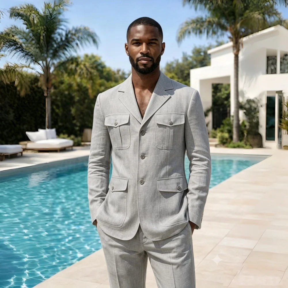 Linen Summer Safari Suits For Men 2 Pieces Separates Blazer Pants Set Casual Outfit For Beach Wedding Prom Party Man Suit
