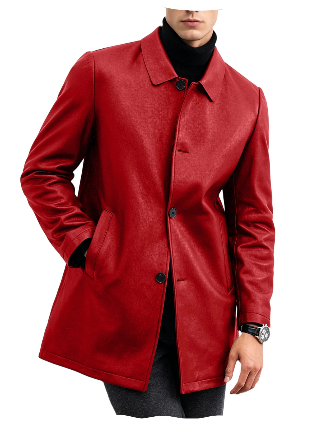 Men Premium Leather-Like Trench Coat Turn-Down Collar Single Breasted Mid-Length Overcoat Classic Slim Fit Business Casual Wear