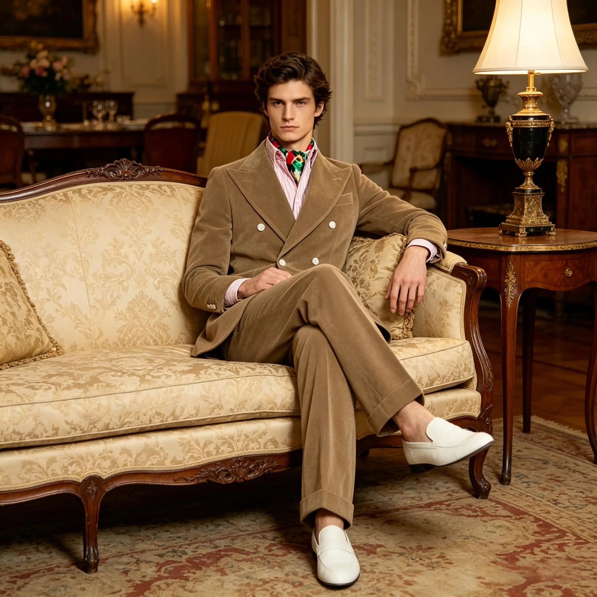 Men's Velvet Double Breasted 2 Piece Suit Set Slim Fit Peak Lapel Formal Straight Leg Pants Suit For Party Wedding Daily Wear