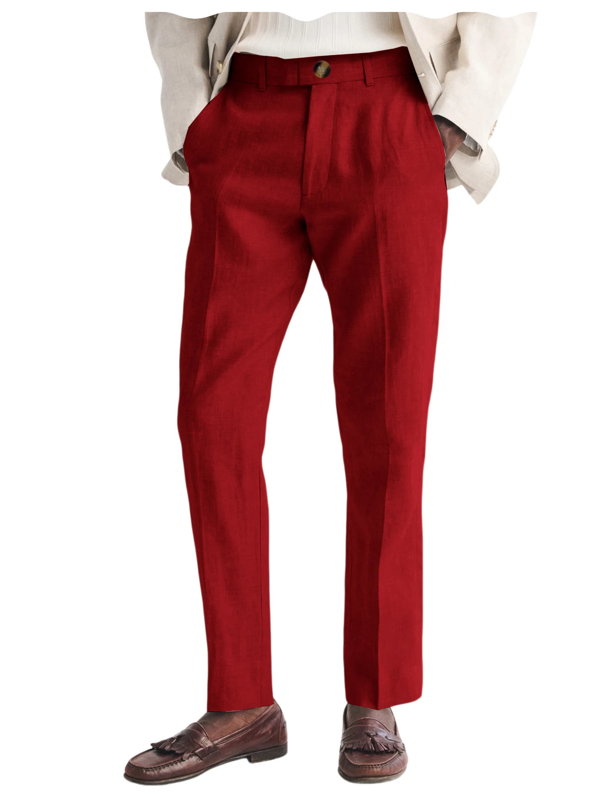 Men's Linen Straight Fit Pants Wrinkle-Resistant Lightweight Breathable Flat-Front Casual Trousers Expandable-Waist For Summer