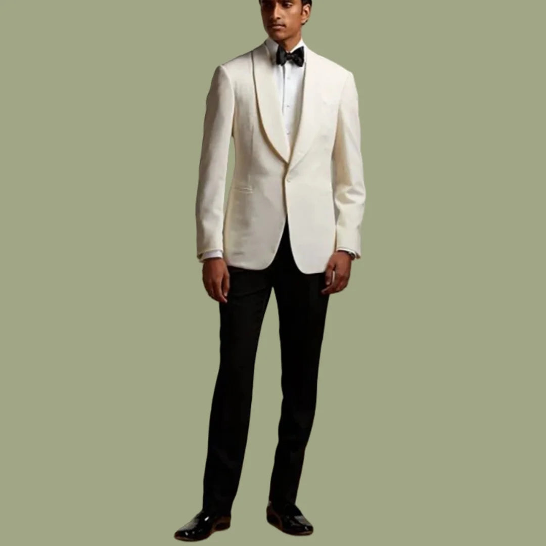 Tailor-made slim fit Men Suits ivory Blazer Classic Design Shawl Lapel Jacket black Pants terno masculino wedding Groom suits