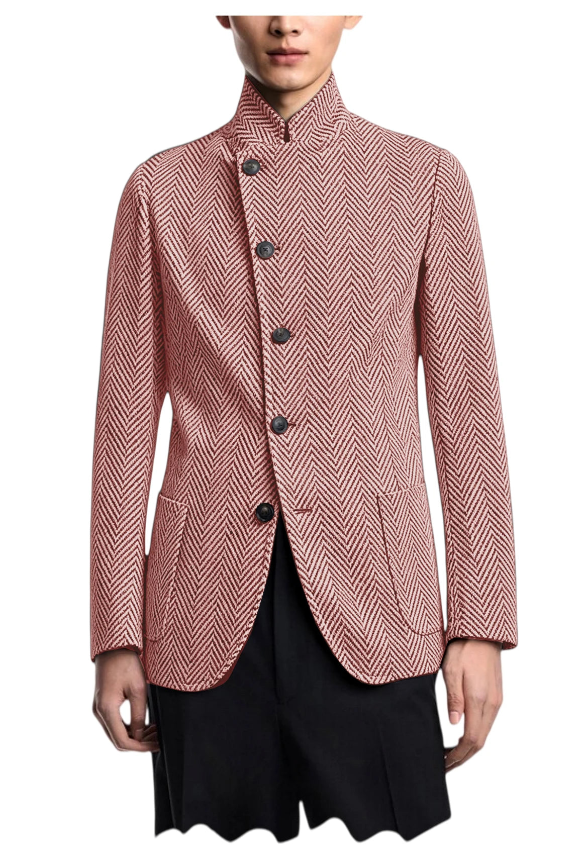 Vintage Men's Herringbone Jacket Stand Collar Slim Fit Wool Blend Formal Blazer Fashion British Style Sport Coat Business Casual