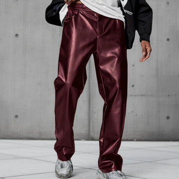Men's Faux Leather Wide Leg Pants High Waist Loose Straight Trousers Hip Hop Streetwear Club Party Casual Bottoms