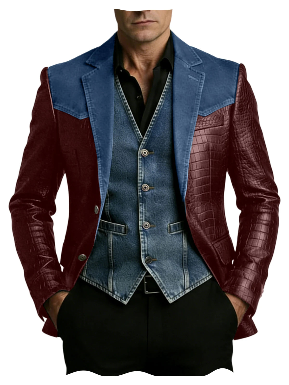 Men's Blazer Luxury Crocodile Embossed Leather Patchwork Denim Suit Jacket Notched Lapel Western Cowboy Party Casual Streetwear