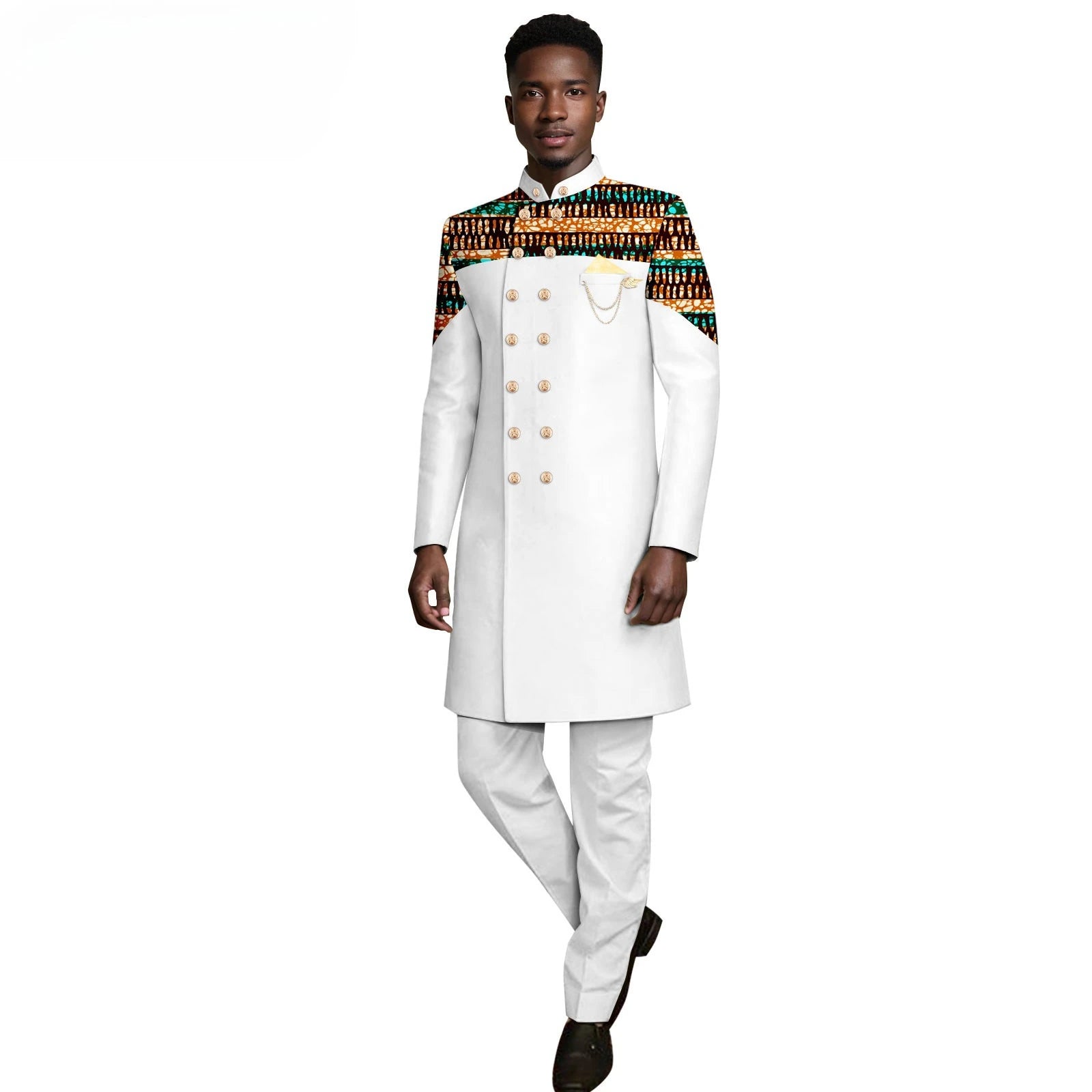 African Clothing for Men Embroidery Print Shirts and Pants 2 Piece Set Long Robes Traditional Outfits Blouse Pockets A2416073