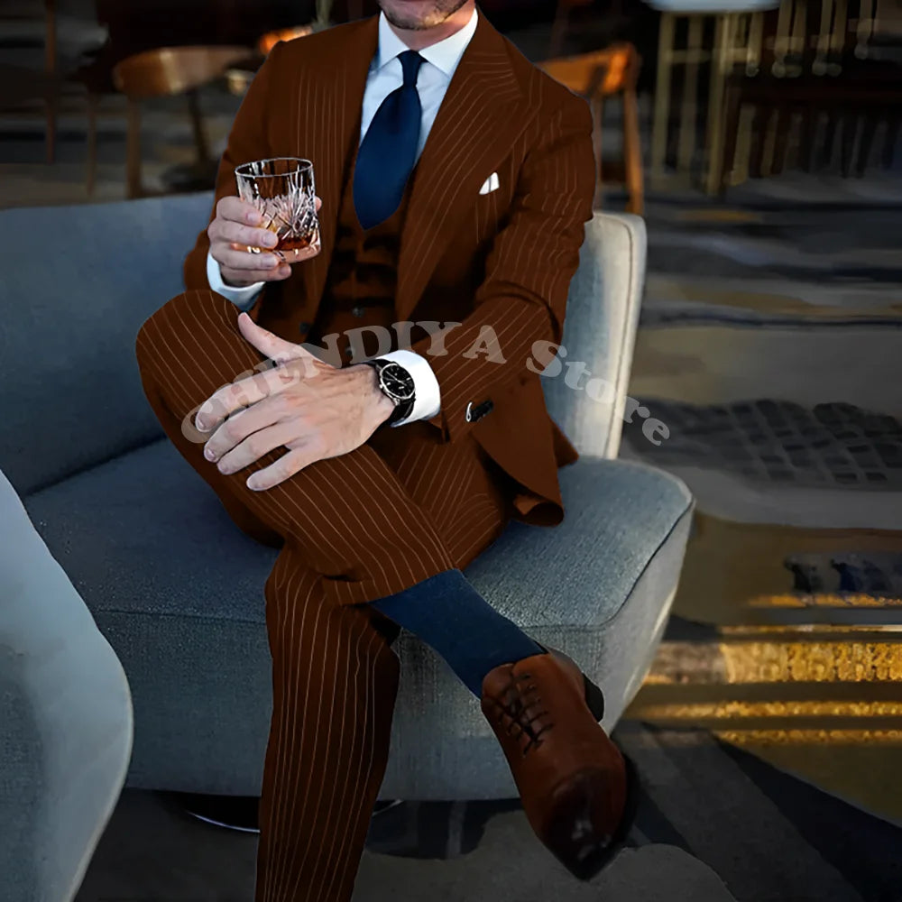 Chic Blue Pinstripe Men Suits Fashion Peak Lapel Business Casual Male Suit Elegant Wedding Groom Tuxedo Slim Fit 3 Piece Set
