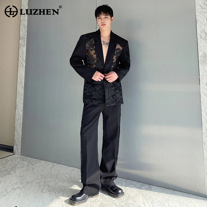 LUZHEN Embroidery Splicing See-through Design Trendy Suit Jackets Two-piece Sets Men's Stylish Street Straight Trousers LZ1944