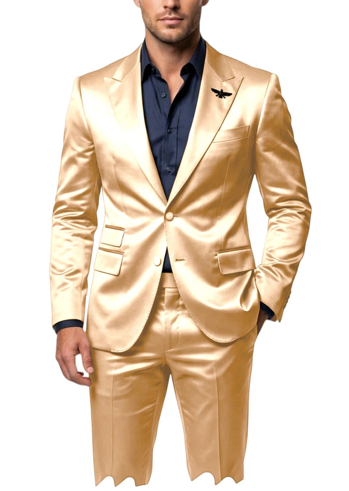 Men's Satin 2-Piece Suit Set Slim Fit Peak Lapel Tuxedo Blazer With Straight Leg Pants For Wedding Party Formal Wear