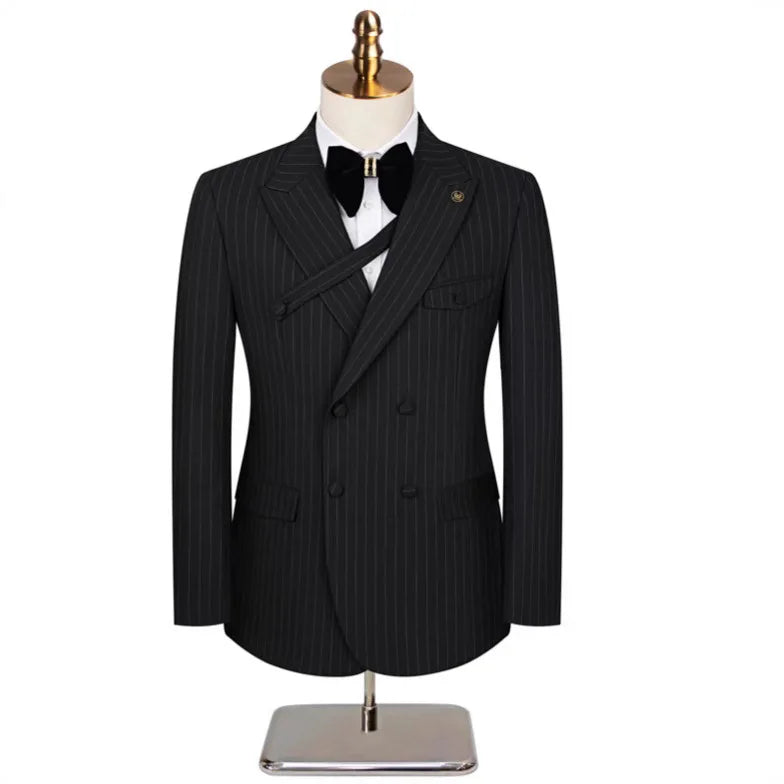 ( Jacket + Vest + Pants ) Prom Groom Tuxedos Latest Designs Male Wedding Suits 3Pcs Set Men's Striped Casual Business Suit