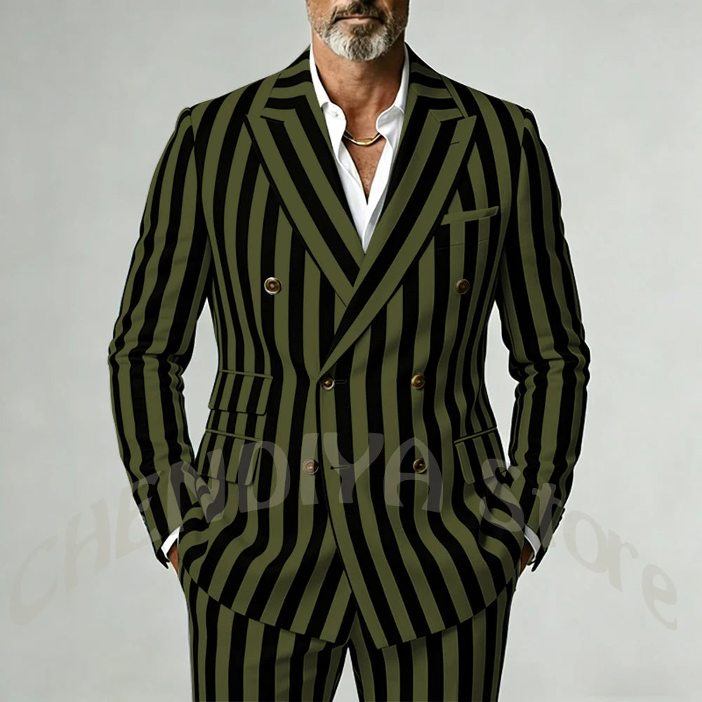 Casual Wide Striped Men's Suit Double Breasted Peaked Lapel Tailored Costume Homme Smart Business Office Daily Party Outfit