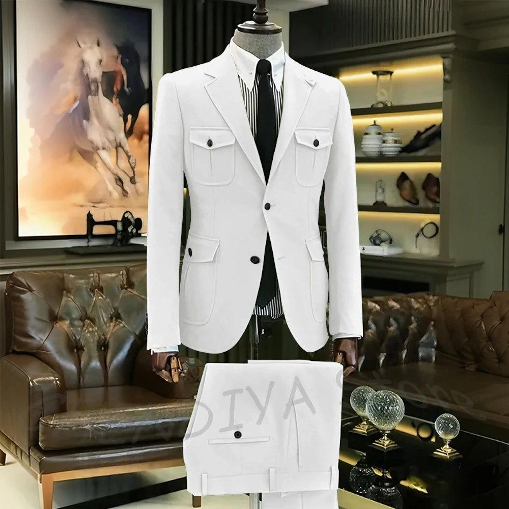 Customized Men Suits Solid Color Four Pockets Notch Lapel Outfits Formal Party Prom Daily Male Sets Two Piece(Blazer+Pants)