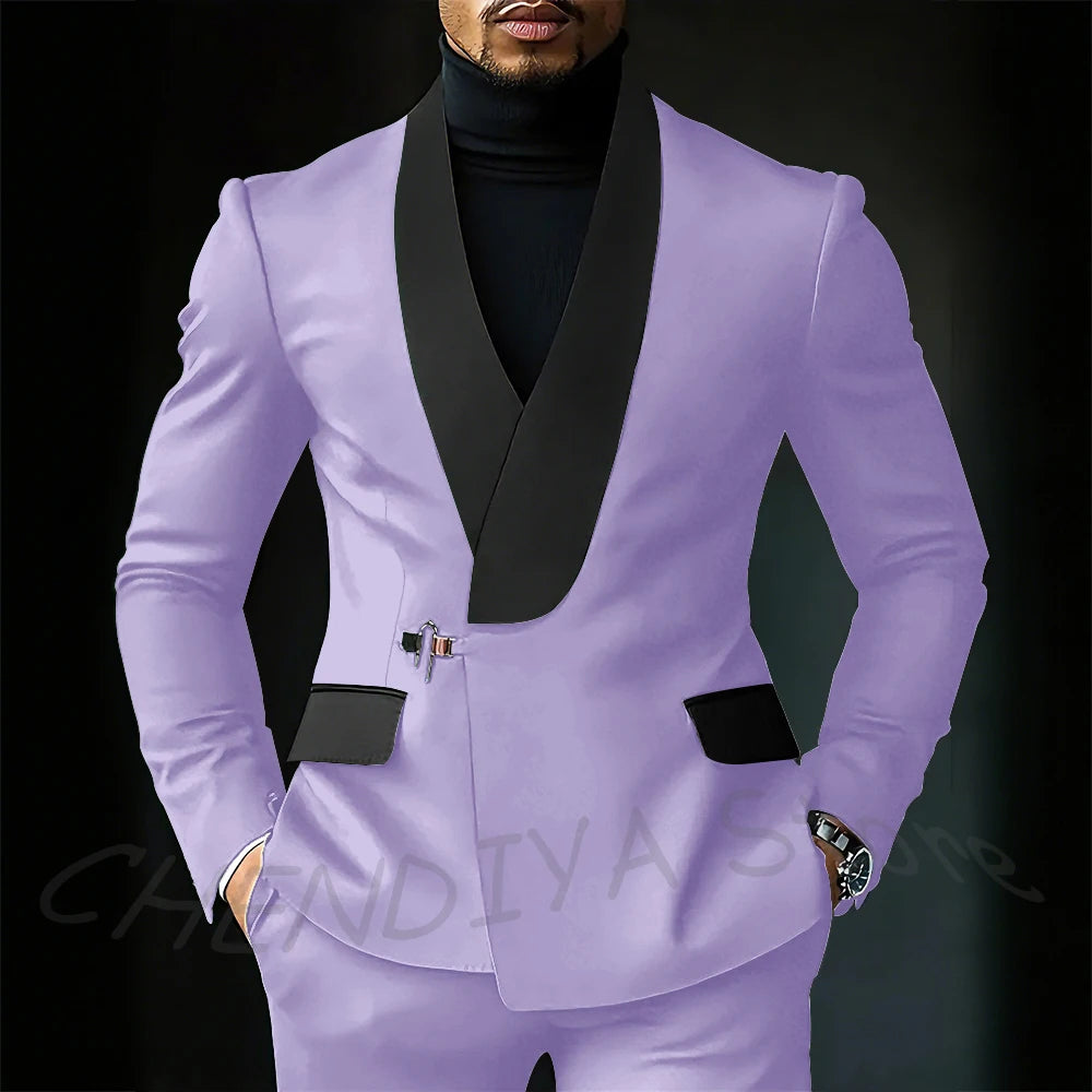 Contrast Color Men's Suit Set 2 Piece Elegant Shawl Lapel Slim Fit Formal Outfit Business Casual Jacket Pants Customized