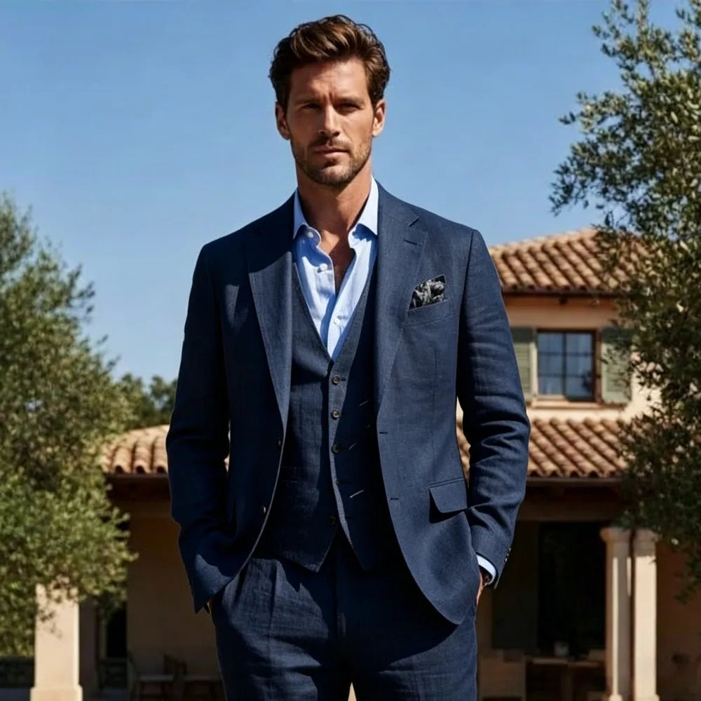Beige Linen Wedding Tuxedo 3 Pieces Summer Suits for Men Slim Fit Groom Blazer Trousers Vest Set Beach Party Wedding Suits Men