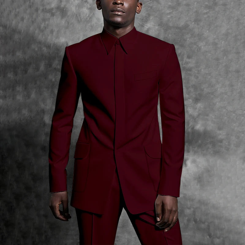Tailored Suits Stand Collar Tuxedo Gentleman Solid Color Outfit Man Suit Set 2 Piece Smart Casual Daily Office Male Clothing