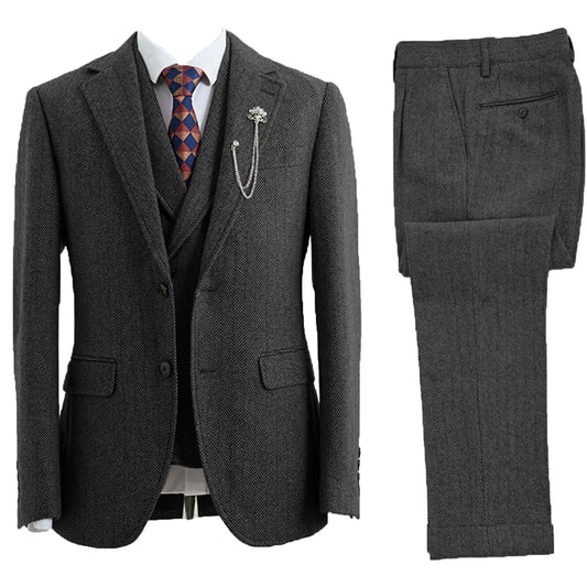 Men 3 Piece Suit Tweed Herringbone Double-Breasted Wedding Tuxedos Size  Men Clothing