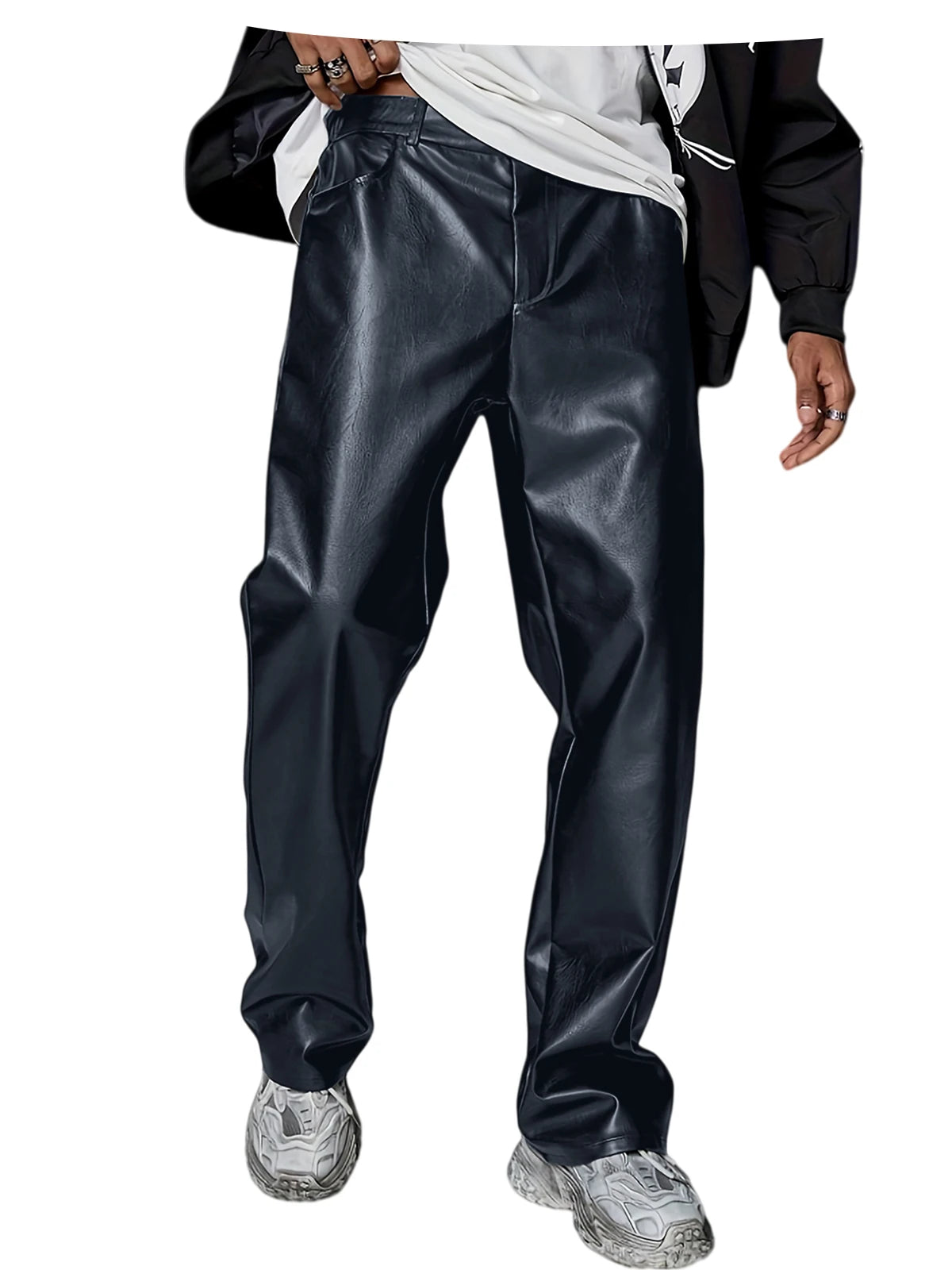 Men's Faux Leather Wide Leg Pants High Waist Loose Straight Trousers Hip Hop Streetwear Club Party Casual Bottoms