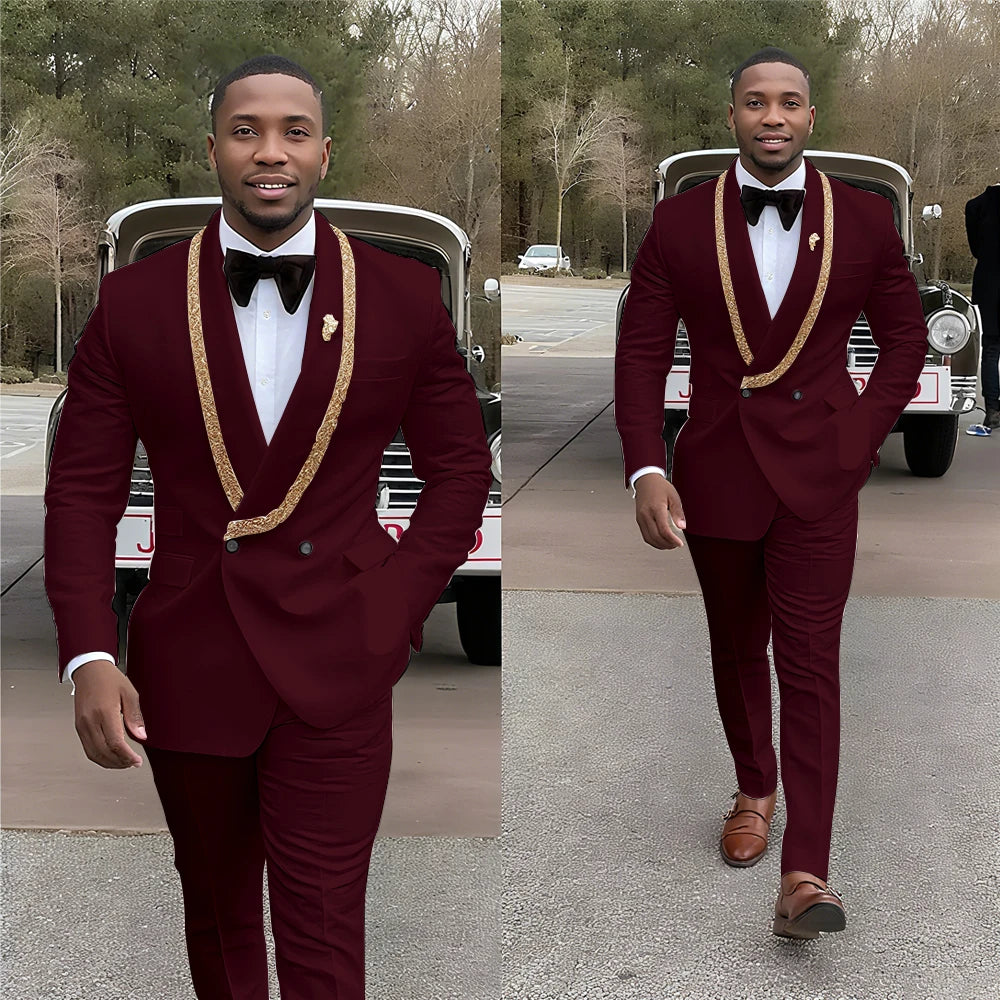 Handsome Men's Suits Double Button Shawl Lapel Solid Color Outfit Man Set 2 Piece Casual Daily Office Prom Male Clothing