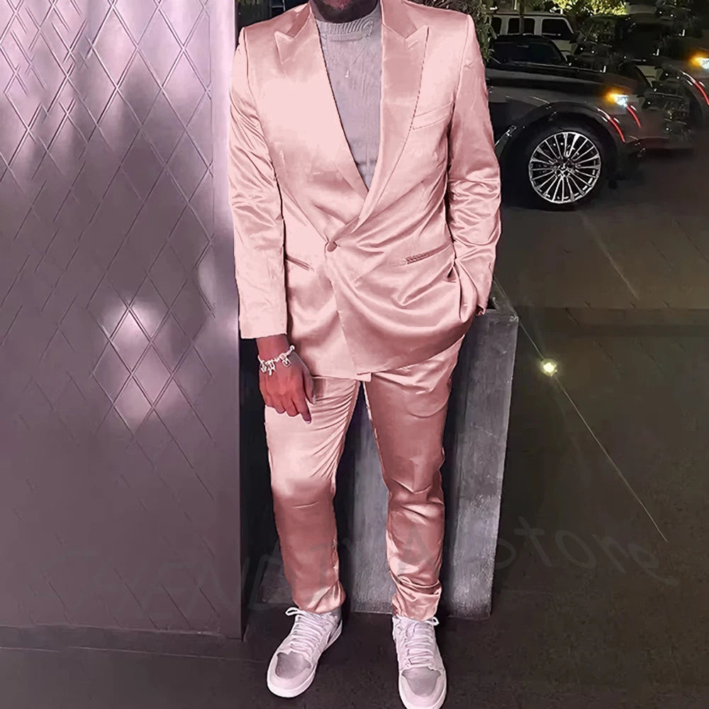 Silver Satin Men Suits 2 Piece Chic Peak Lapel Casual Daily Suit Single Button Formal Evening Party Tuxedo (Blazer+Pants)