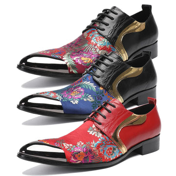 Classic black printed men's lace up sleeve leather shoes pointed casual business dress shoes fashionable party wedding shoes