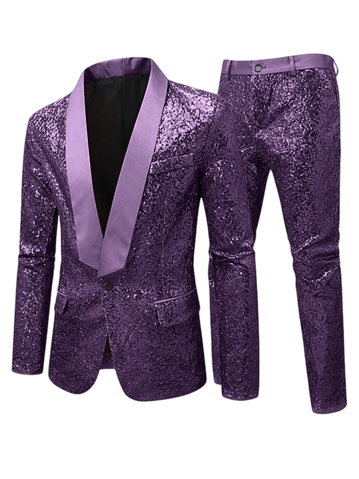 Men's Sequin Tuxedo Suit Set Shiny One Button Satin Patchwork Shawl Lapel Slim Fit 2 Piece Blazer Pants For Wedding Party Prom