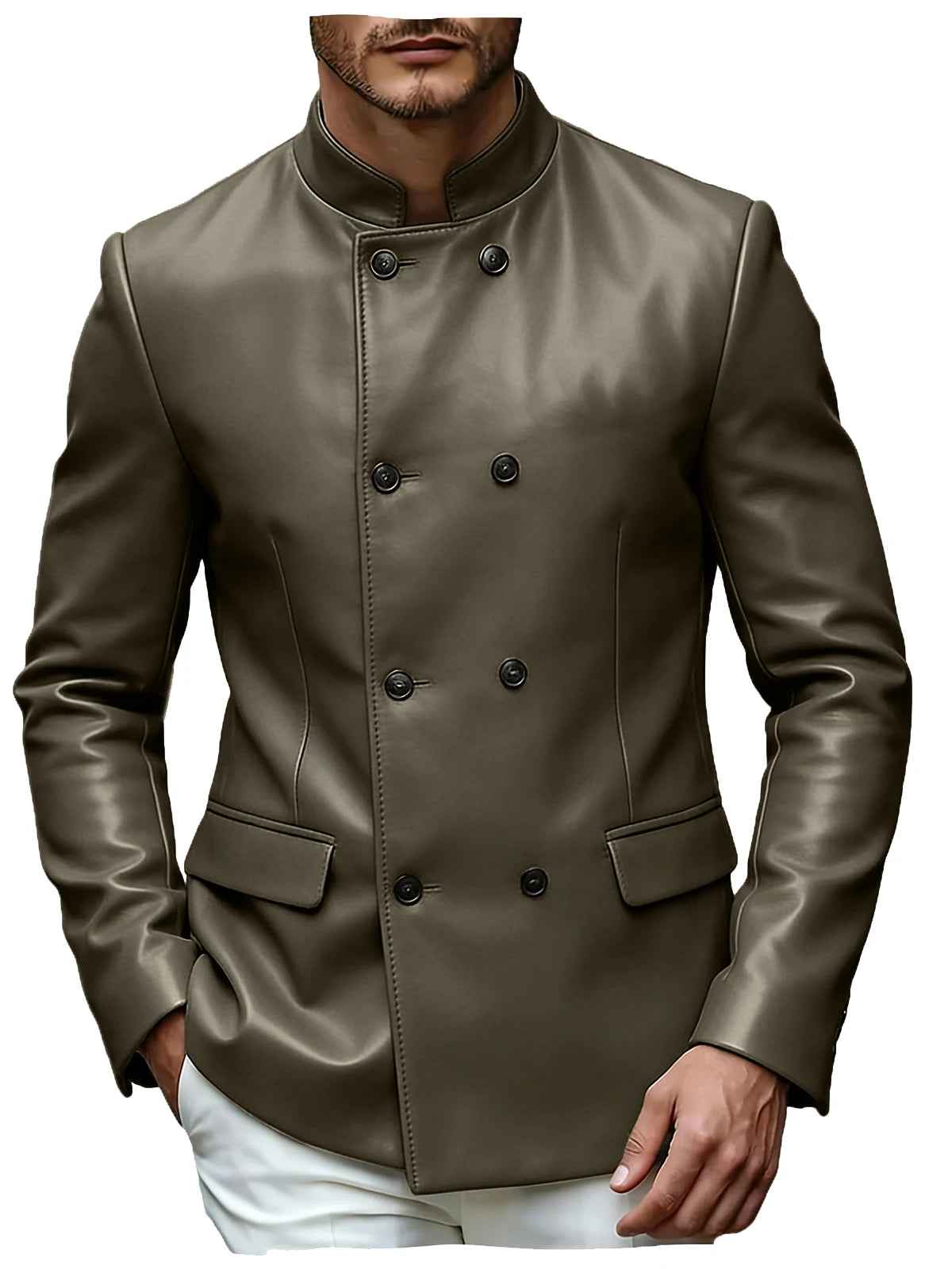 Men's Blazer Stand Collar Faux Leather Jacket High Quality Double Breasted Slim Fit Casual Coat For Business Office Outerwear