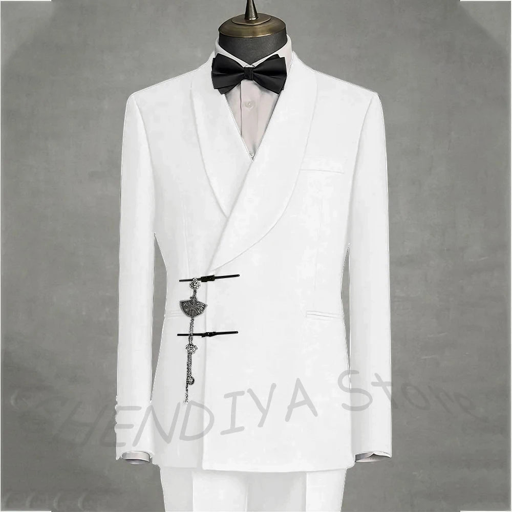 Solid Black Men's Suits Slim Fit Double Button Business Pants Suit Tailored Prom Party Wedding 2 Piece Jacket With Pants