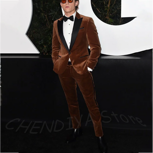 Brown Velvet Men Suit 2 Pieces Single Button Unique Design Peaked Lapel Blazer Pants Formal Party Prom Elegant Male Outfit