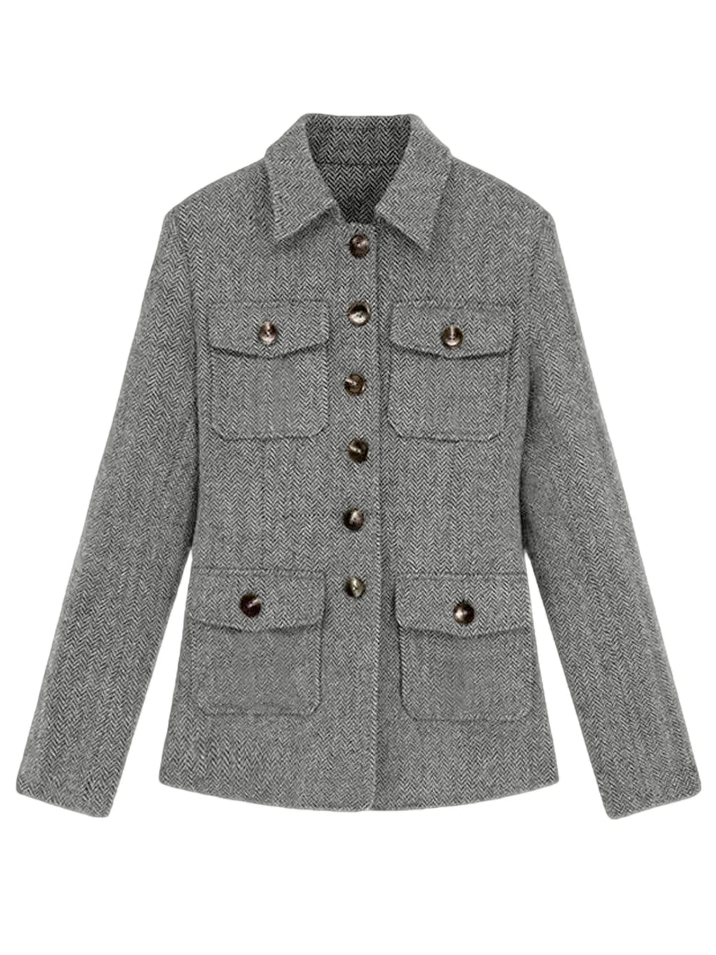 Men's Herringbone Wool Blend Blazer Jacket Notch Collar Utility Multi-Pocket Casual Overcoat For Spring Autumn