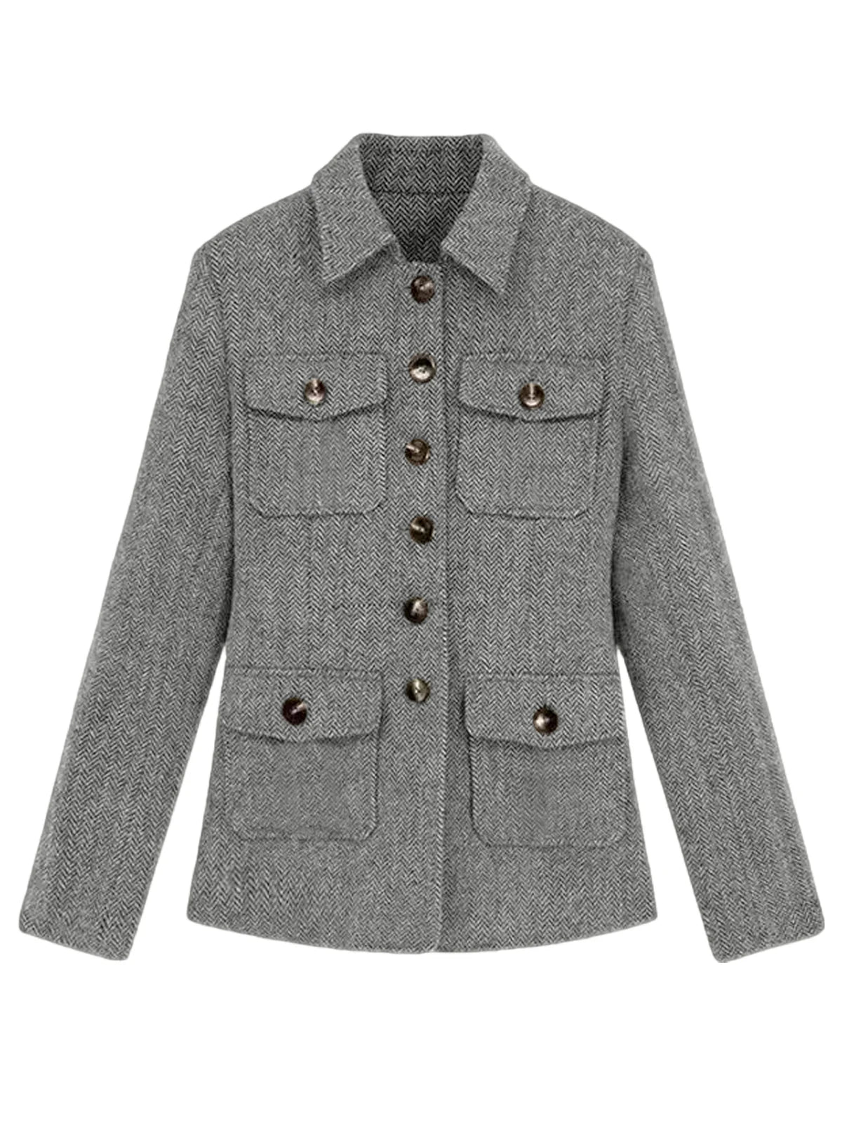 Men's Herringbone Wool Blend Blazer Jacket Notch Collar Utility Multi-Pocket Casual Overcoat For Spring Autumn